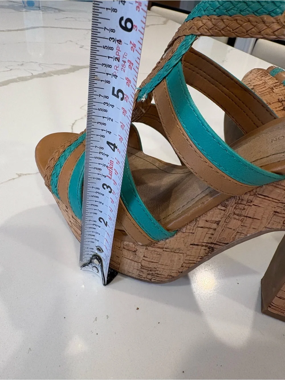 Y2K BCBGeneration Cork Chunky Strappy Platform Heels Turquoise Blue Tan Sandals